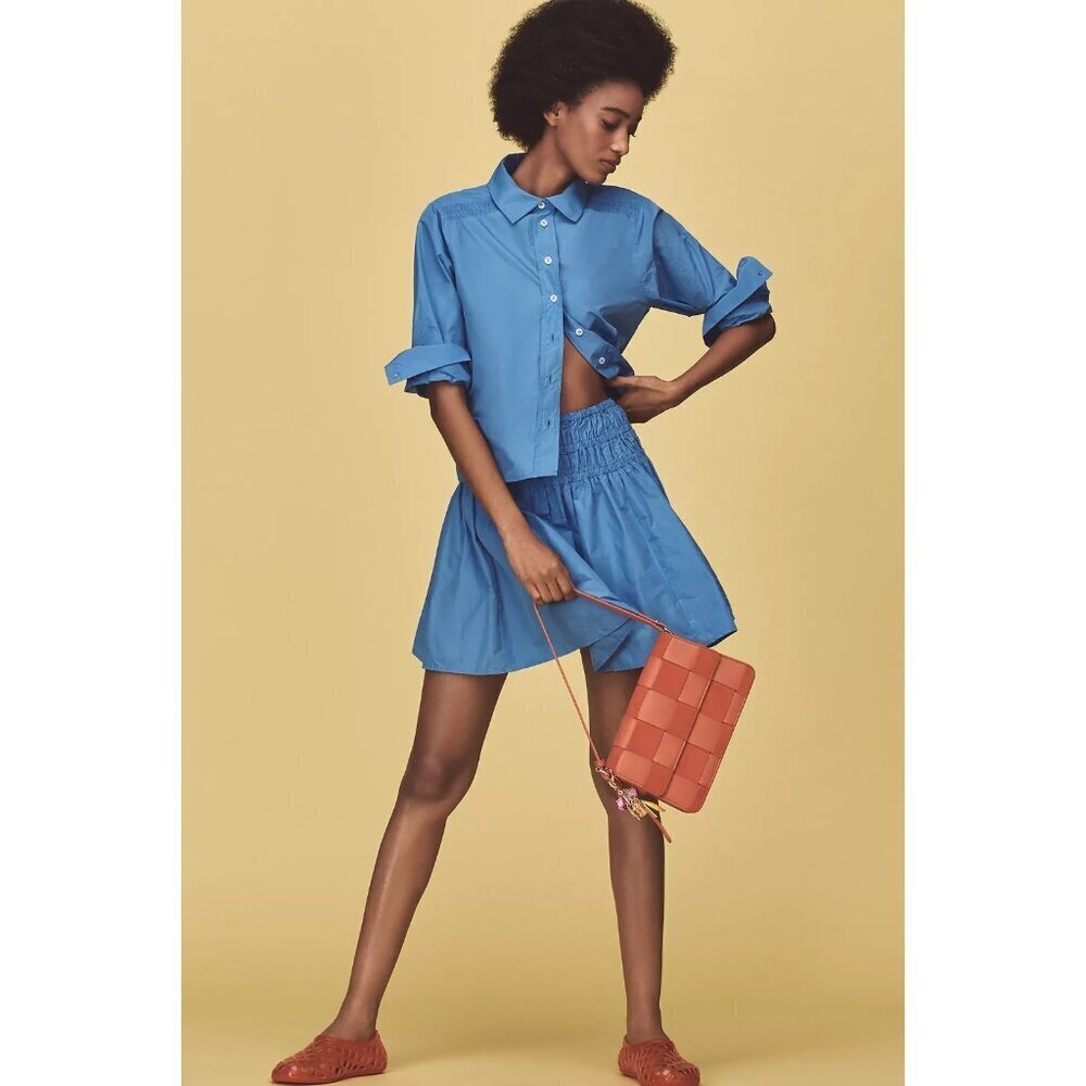 By Anthropologie Smocked Drop-Waist Mini Skirt Blue L - Picture 2 of 4